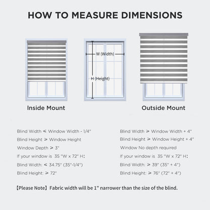 Diagram for measuring windows for Joydeco cordless zebra blinds: inside vs. outside mount installation and sizing examples.