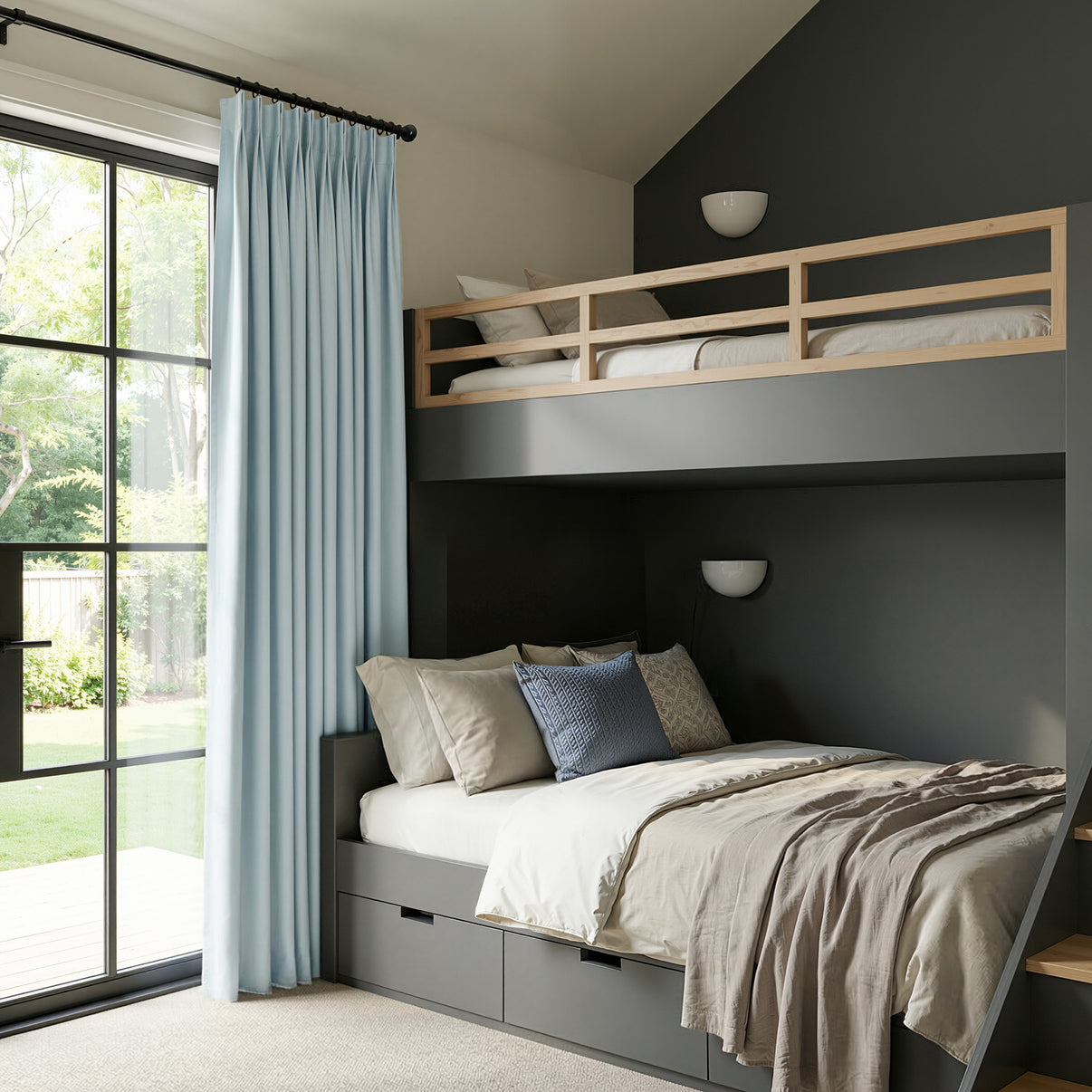 Hayden custom light blue chenille blackout curtain in modern bedroom.