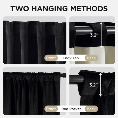 Black velvet blackout curtains with back tab and rod pocket hanging methods, 3.2 inch opening.