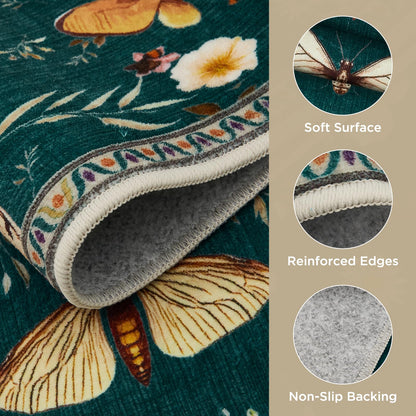 Joydeco Insect Bathroom Rugs Non Slip Washable, Floral Kitchen Rugs Non Slip, Soft Low-Pile Ultra Thin Boho Indoor Floor Throw Carpet for Entryway Bedroom Laundry Entrance