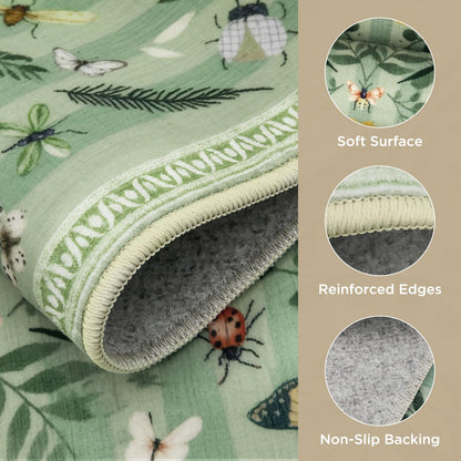 Joydeco Insect Washable Bathroom Rug, Botanical Kitchen Runner Rug Non Slip, Boho Ultra-Thin Soft Indoor Floor Carpet Runners for Hallways Entryway Entrance Laundry