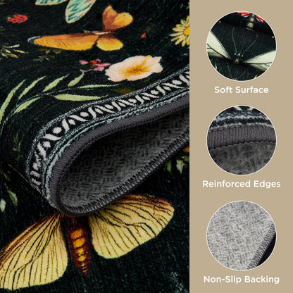 Joydeco Insect Bathroom Rugs Non Slip Washable, Floral Kitchen Rugs Non Slip, Soft Low-Pile Ultra Thin Boho Indoor Floor Throw Carpet for Entryway Bedroom Laundry Entrance