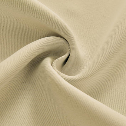 Joydeco light beige blackout curtain fabric, 100% polyester texture for thermal insulation.