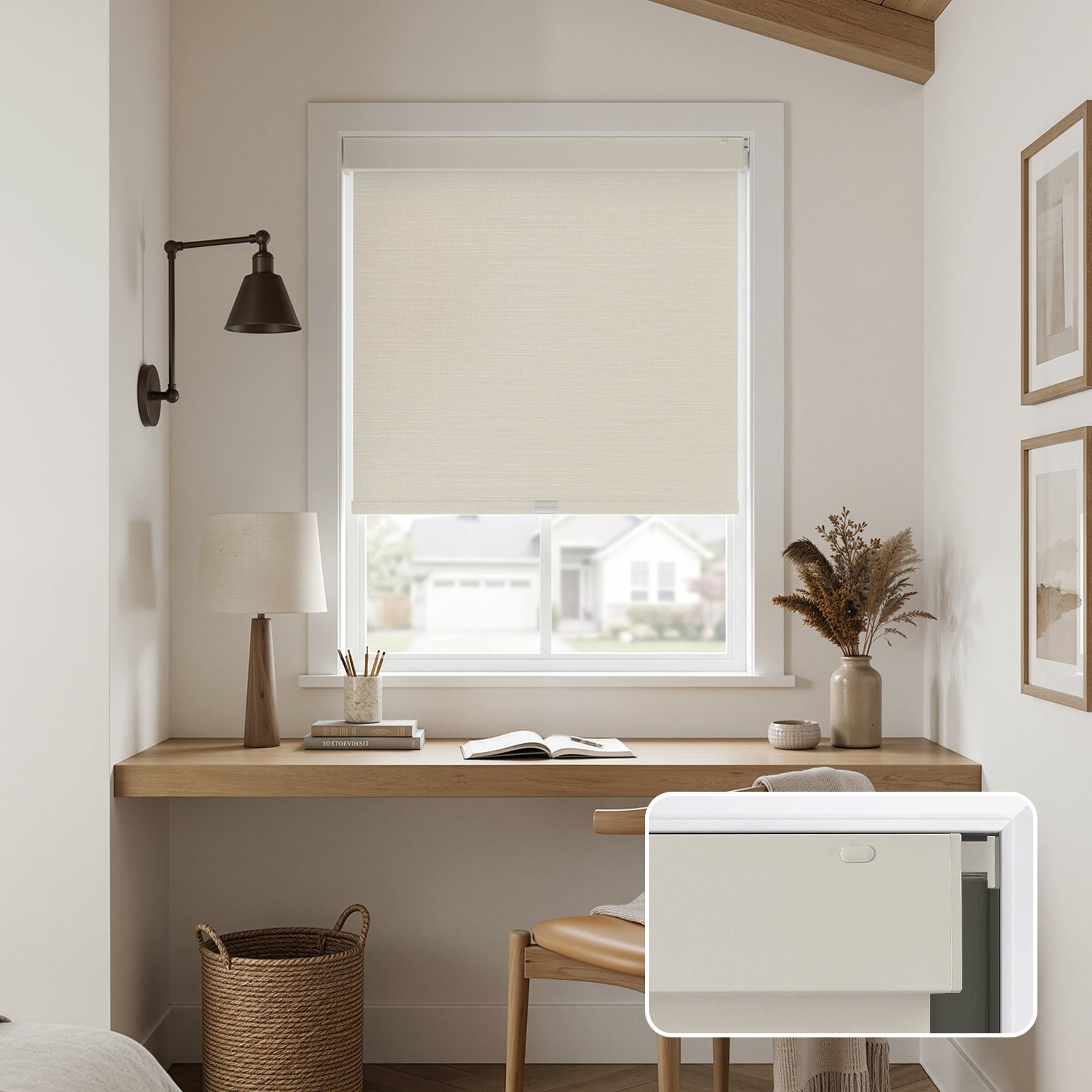 Ashby 100% blackout roller shade, cream plain weave, no-drill installation.