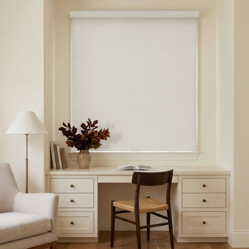 Custom off-white linen-textured blackout roller shade for modern window treatments