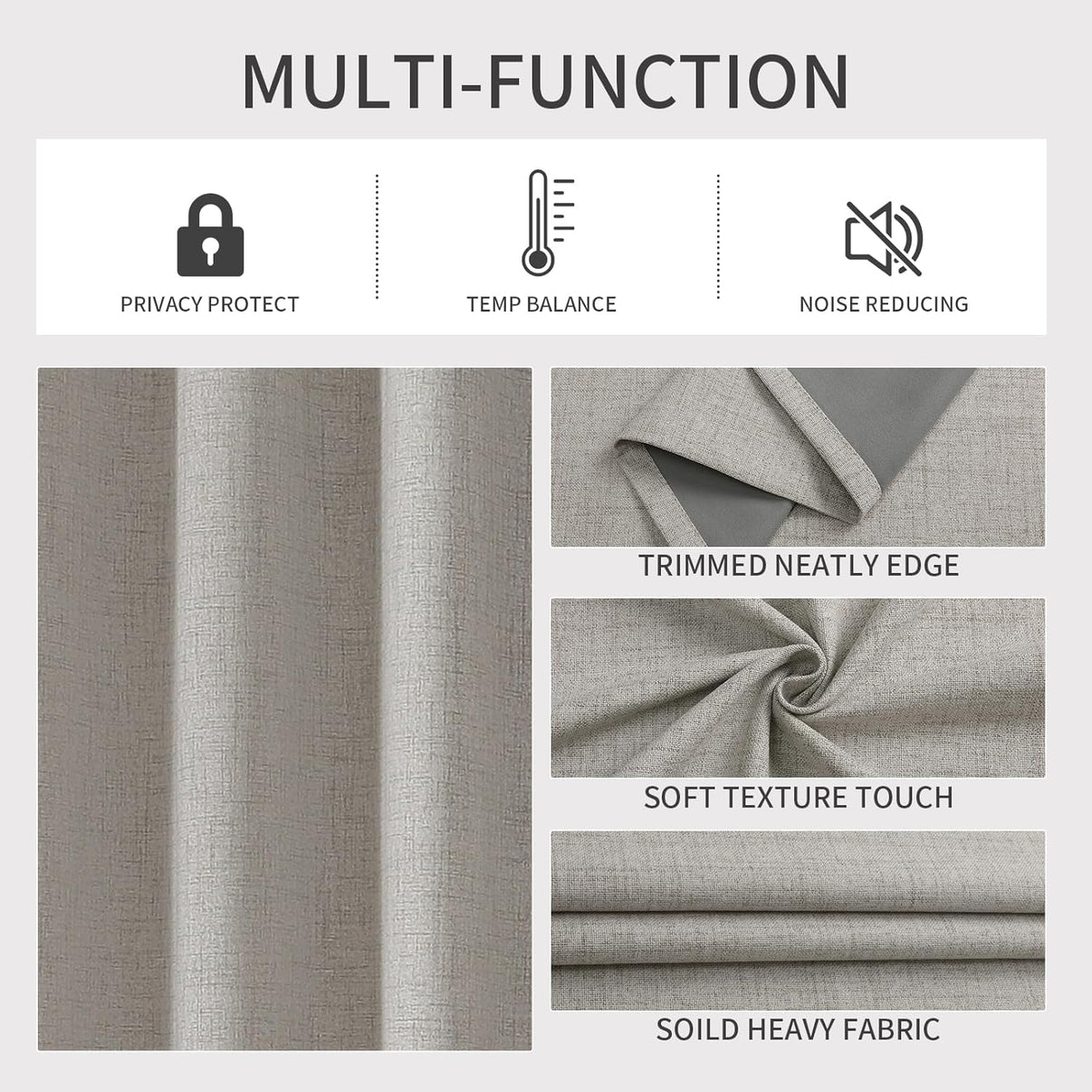 Greyish white faux linen curtains: multi-function display of privacy, temp balance, noise reduction, texture, and fabric.