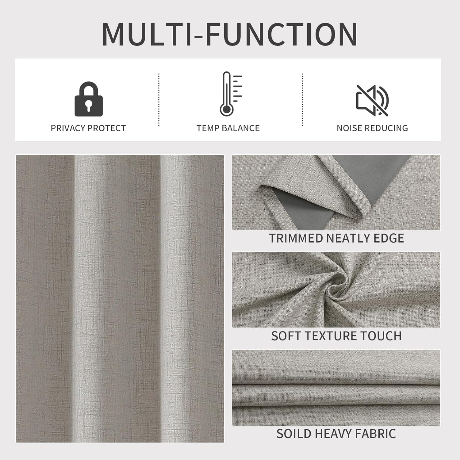 Greyish white faux linen curtains: multi-function display of privacy, temp balance, noise reduction, texture, and fabric.