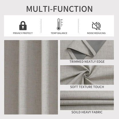 Greyish white faux linen curtains: multi-function display of privacy, temp balance, noise reduction, texture, and fabric.