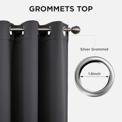 Close-up of dark grey blackout curtains showcasing silver grommets with 1.6-inch inner diameter for easy rod insertion.