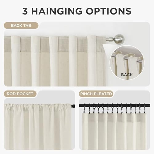 Ivory linen light filtering drapes with rod pocket, back tab, and pleated clip-on styles.