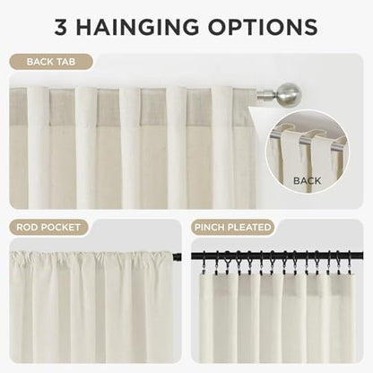 Ivory linen light filtering drapes with rod pocket, back tab, and pleated clip-on styles.