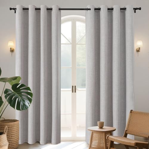Light gray faux linen blackout curtains, 84" grommet panels for bedroom window, 100% light blocking.