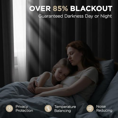 Joydeco charcoal grey blackout curtains block 85% light for peaceful sleep in bedroom with woman and child.