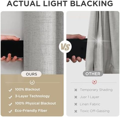 Joydeco 100% blackout curtains vs. others: 3-layer technology vs. 1 layer. Light blocking comparison.