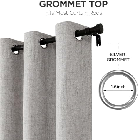 Close-up of light gray faux linen blackout curtains with silver grommets, 1.6-inch diameter, fitting most curtain rods.