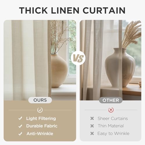 Joydeco thick ivory linen curtains vs thin sheer alternatives, highlighting light filtering and durability for comparison.