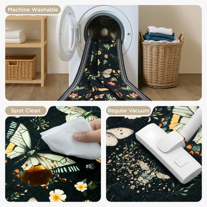 Joydeco Insect Bathroom Rugs Non Slip Washable, Floral Kitchen Rugs Non Slip, Soft Low-Pile Ultra Thin Boho Indoor Floor Throw Carpet for Entryway Bedroom Laundry Entrance