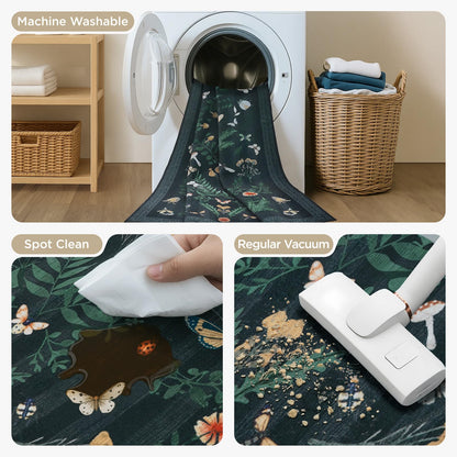 Joydeco Insect Washable Bathroom Rug, Botanical Kitchen Runner Rug Non Slip, Boho Ultra-Thin Soft Indoor Floor Carpet Runners for Hallways Entryway Entrance Laundry