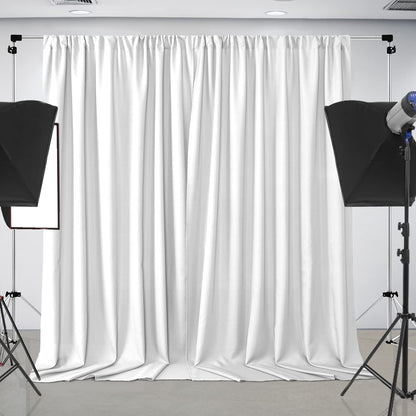 White polyester backdrop curtain, 10ft x 8ft, with elegant pleats. Ideal for parties, weddings, and photography studios.