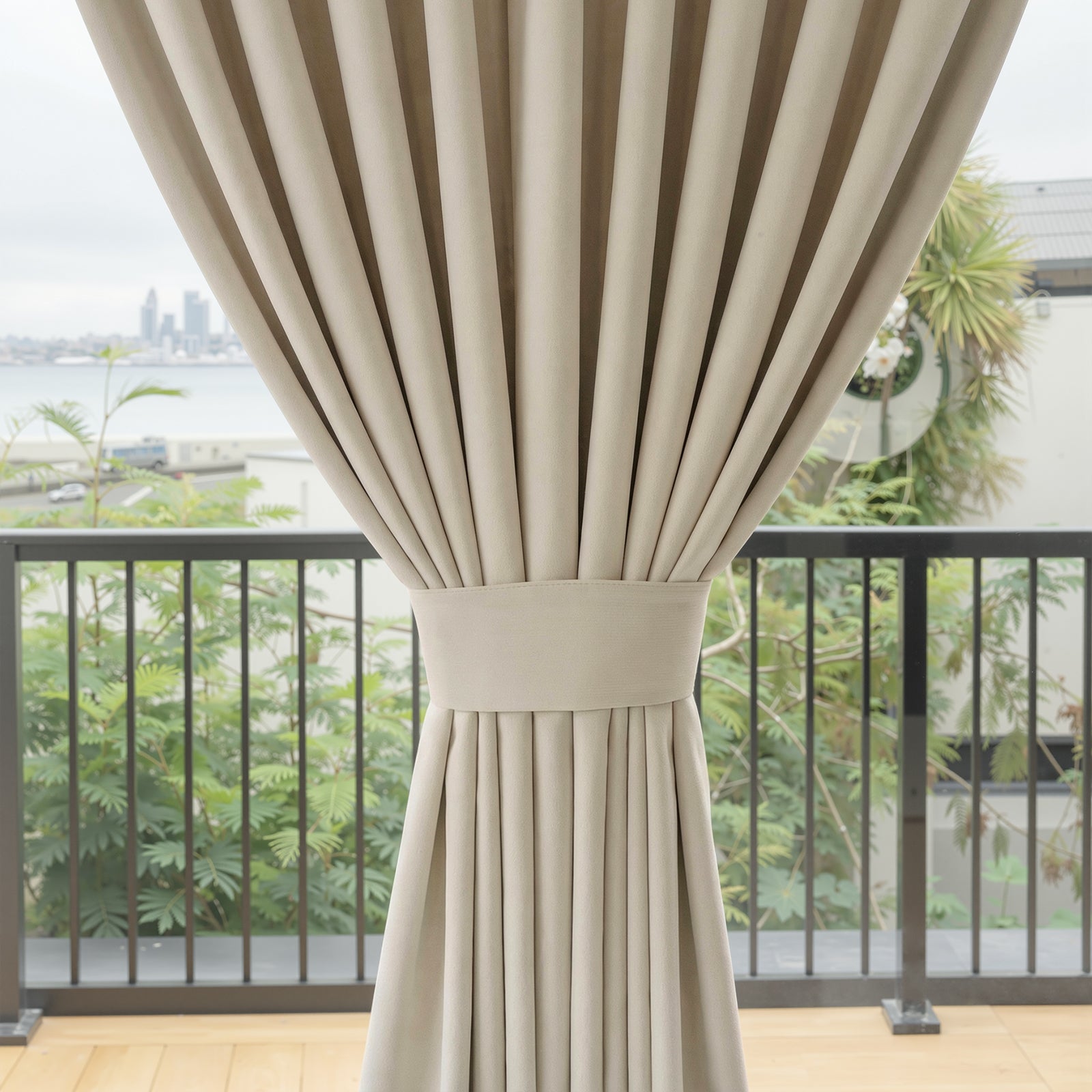 Everly heavyweight chenille room darkening custom drapes, light beige, elegantly pleated.