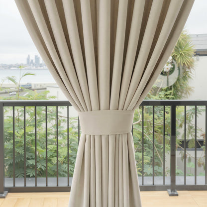 Everly heavyweight chenille room darkening custom drapes, light beige, elegantly pleated.