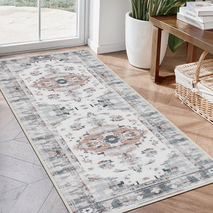 Joydeco Living Room Rug, Non Slip Machine Washable Vintage Runner Rug, Low Pile Lightweight Chenille Print Rugs for Entryway, Hallway, Bedroom, Kitchen and Corridor
