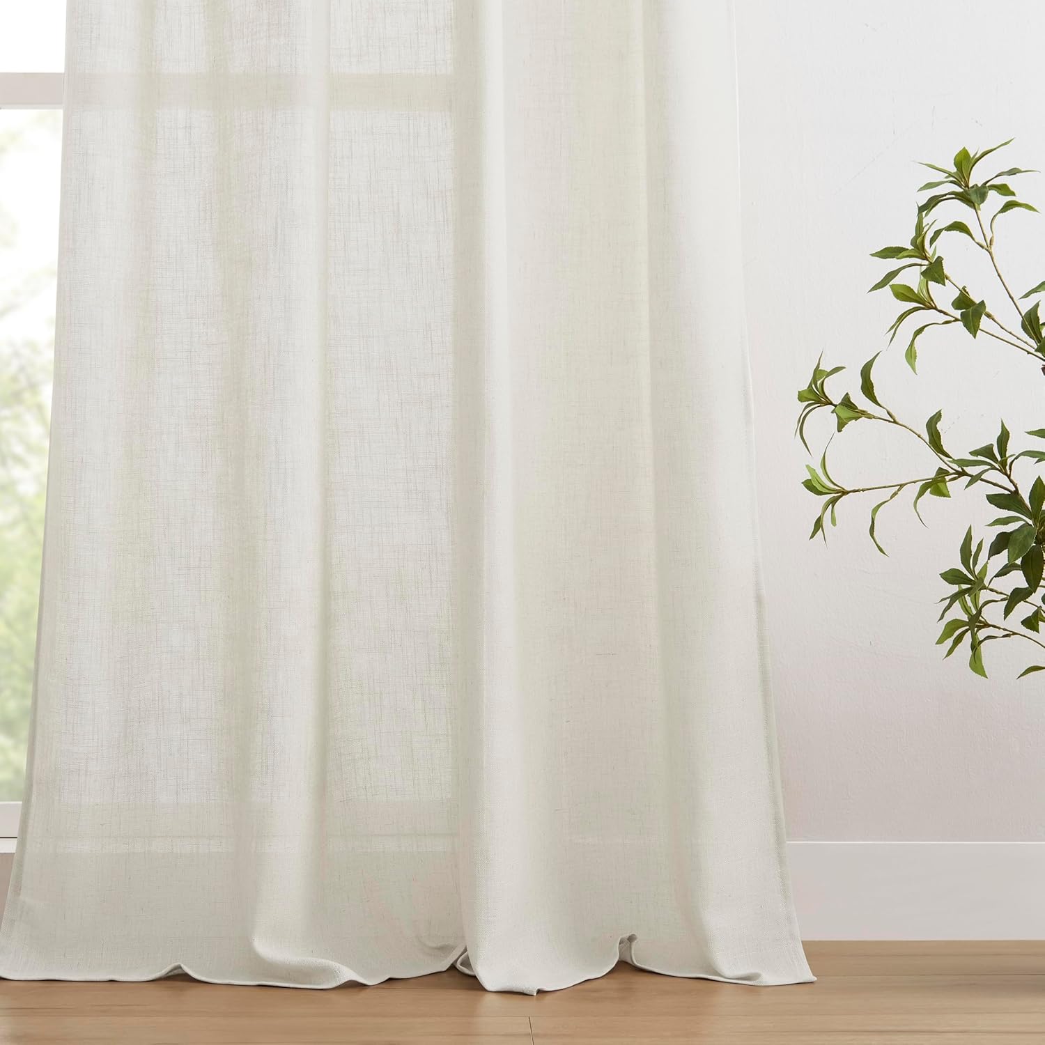 Joydeco natural linen blend curtain, 84-inch, light filtering, textured weave, bedroom/living room display.