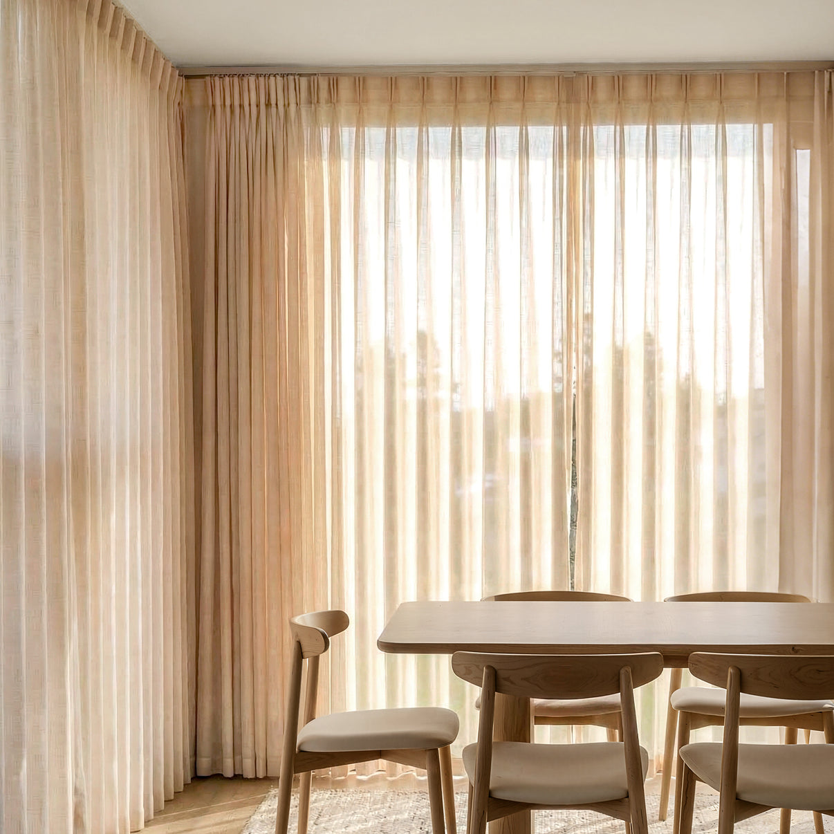 Joydeco Willow custom beige light filtering linen sheer curtains.