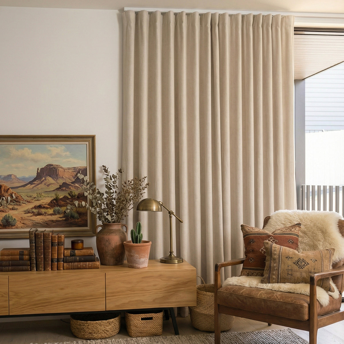 Haven Linen Blend Blackout Curtain in beige, with natural texture.