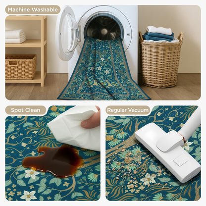 Joydeco Floral Washable Runner Rug for Kitchen, Forest Hallway Non Slip, Boho Botanical Ultra-Thin Soft Indoor Floor Throw Carpet for Bathroom Entryway Foyer