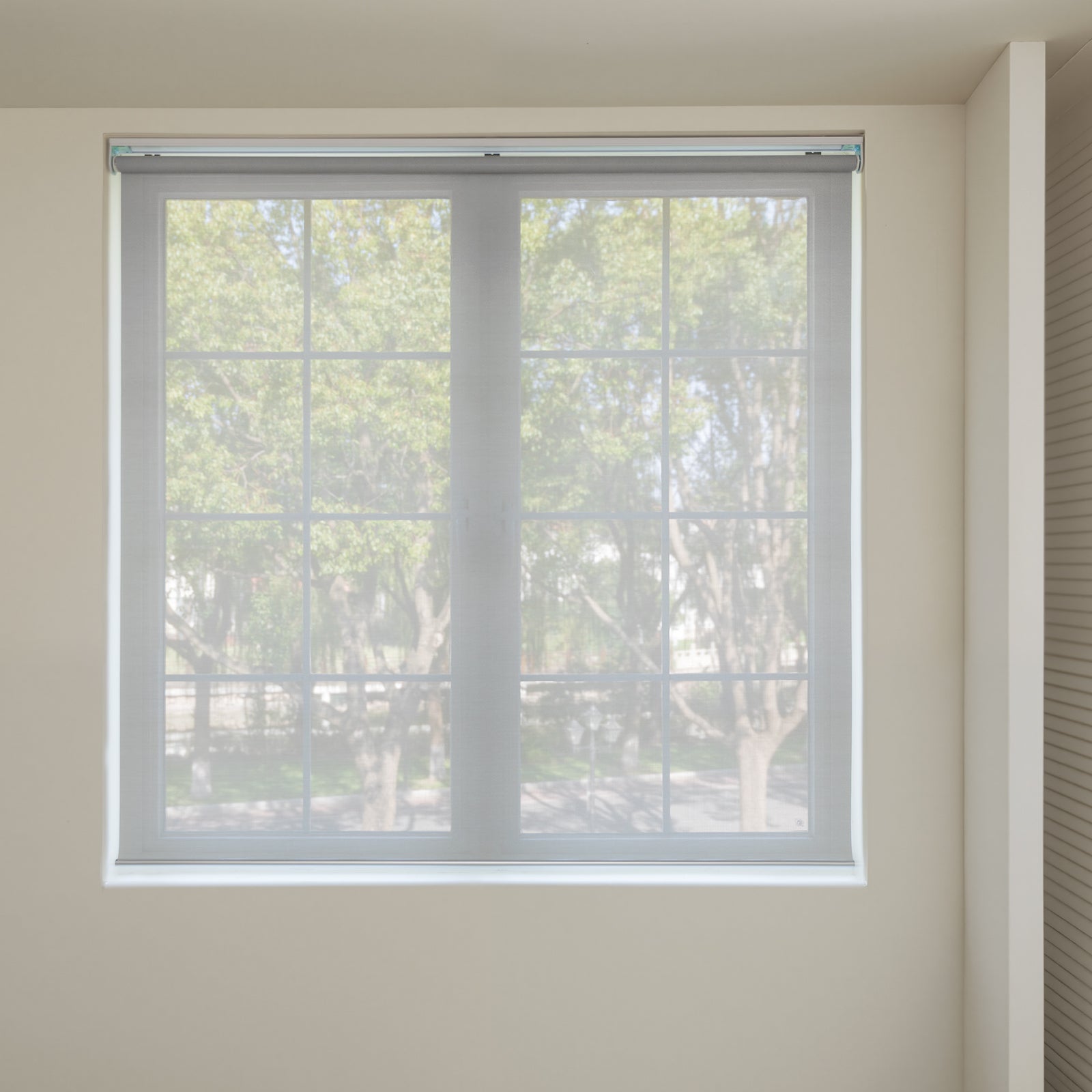 Cove Light Filtering Solar Roller Shade, grey semi-sheer polyester fabric.