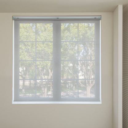 Cove Light Filtering Solar Roller Shade, grey semi-sheer polyester fabric.