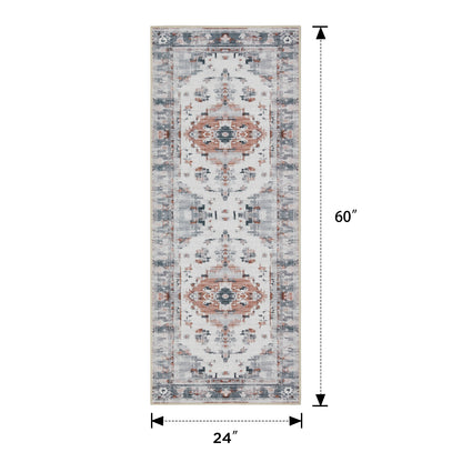 Joydeco Living Room Rug, Non Slip Machine Washable Vintage Runner Rug, Low Pile Lightweight Chenille Print Rugs for Entryway, Hallway, Bedroom, Kitchen and Corridor