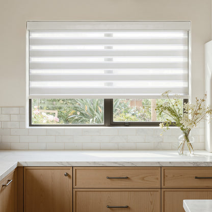 Marlow Light Filtering Zebra Shade: modern window treatments with alternating sheer bands.