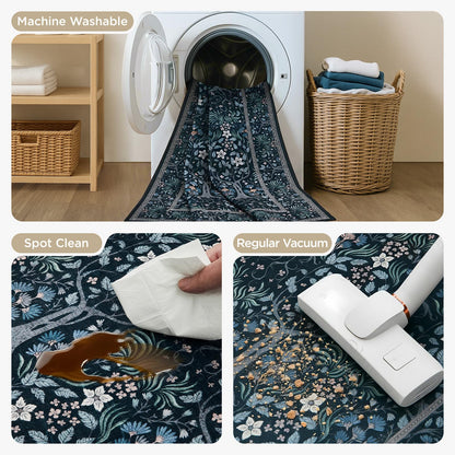 Joydeco Floral Washable Runner Rug for Kitchen, Forest Hallway Non Slip, Boho Botanical Ultra-Thin Soft Indoor Floor Throw Carpet for Bathroom Entryway Foyer