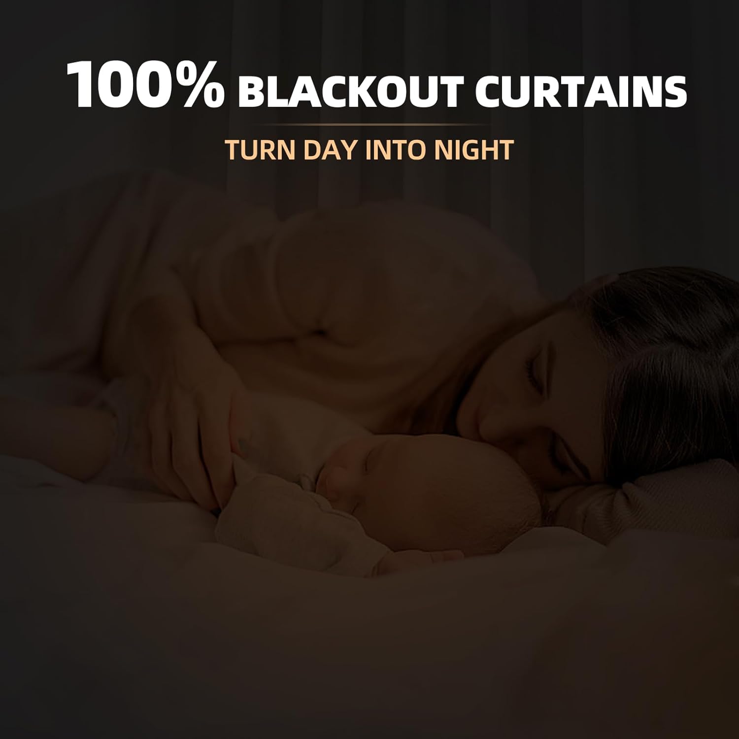 Joydeco 100% blackout curtains shown to turn day into night for peaceful sleep for mother and baby.