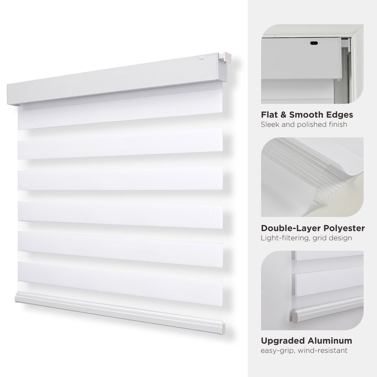 White cordless dual-layer zebra blinds. Light filtering polyester fabric with grid design. Upgraded aluminum bottom bar.