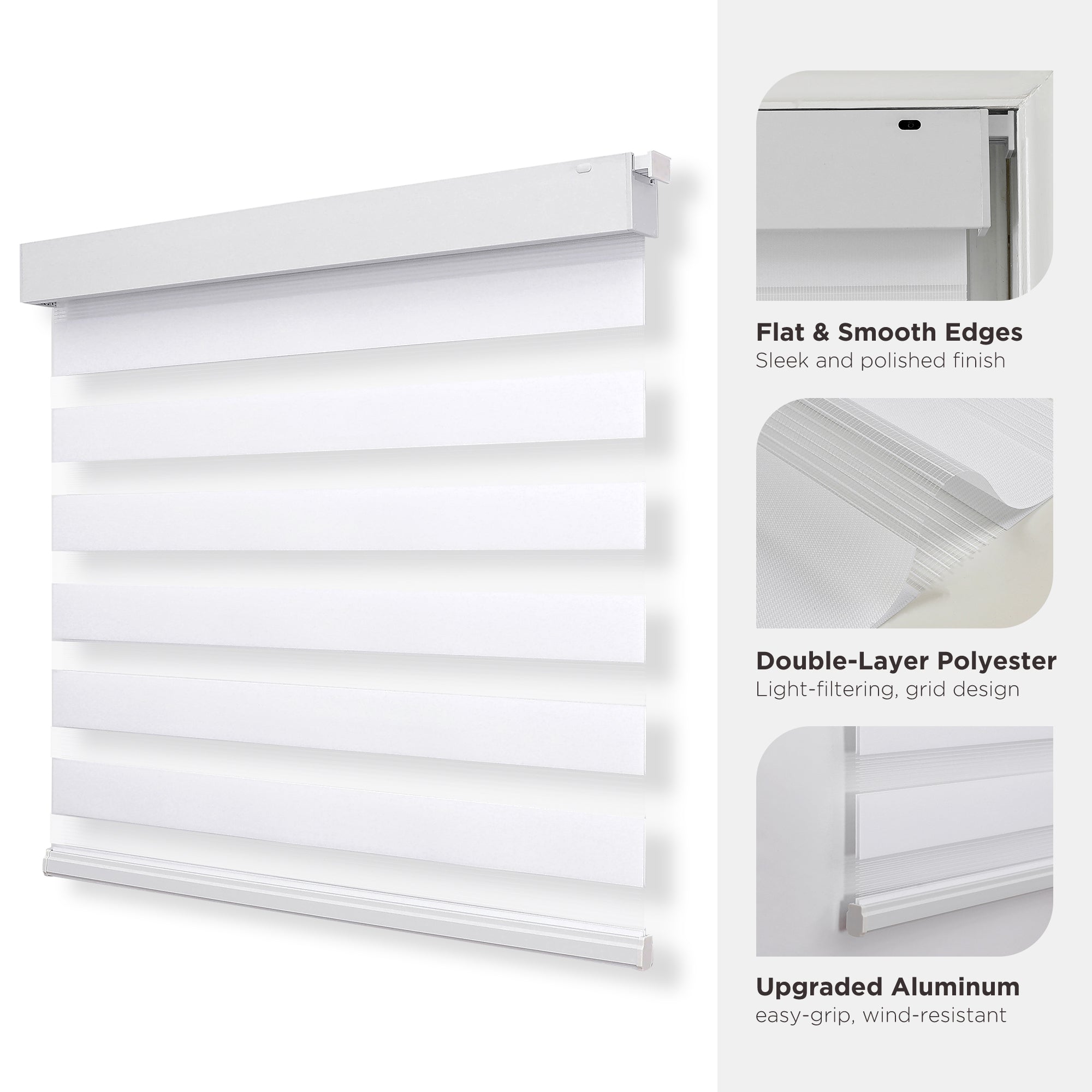 White cordless dual-layer zebra blinds. Light filtering polyester fabric with grid design. Upgraded aluminum bottom bar.