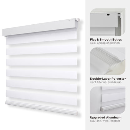 White cordless dual-layer zebra blinds. Light filtering polyester fabric with grid design. Upgraded aluminum bottom bar.