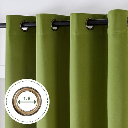 Moss green velvet curtains with grommets, showing 1.6 inch diameter for installation compatibility.