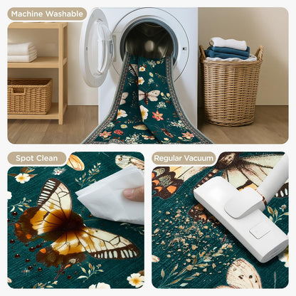 Joydeco Insect Bathroom Rugs Non Slip Washable, Floral Kitchen Rugs Non Slip, Soft Low-Pile Ultra Thin Boho Indoor Floor Throw Carpet for Entryway Bedroom Laundry Entrance