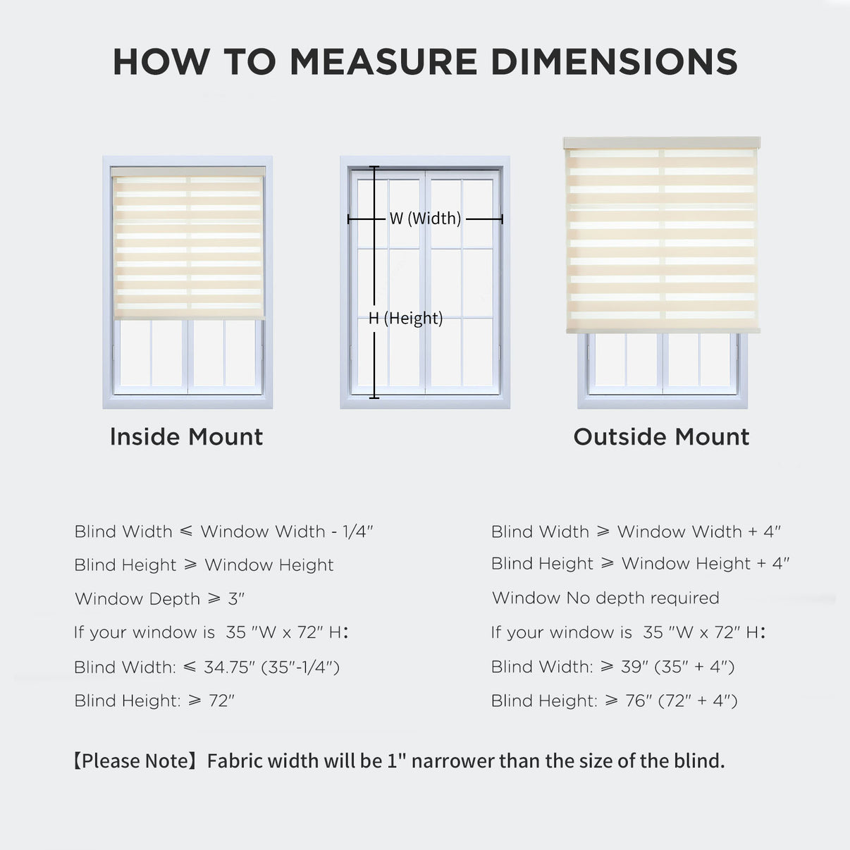 Diagram showing how to measure for inside and outside mount Joydeco cordless zebra blinds. Includes formulas and examples.