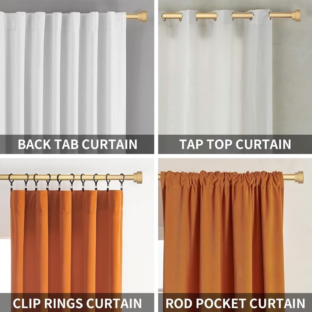 Gold adjustable curtain rod demonstrating compatibility with back tab, grommet, clip rings, and rod pocket curtains.