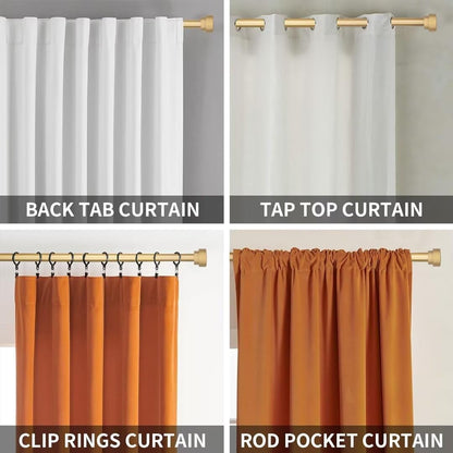 Gold adjustable curtain rod demonstrating compatibility with back tab, grommet, clip rings, and rod pocket curtains.