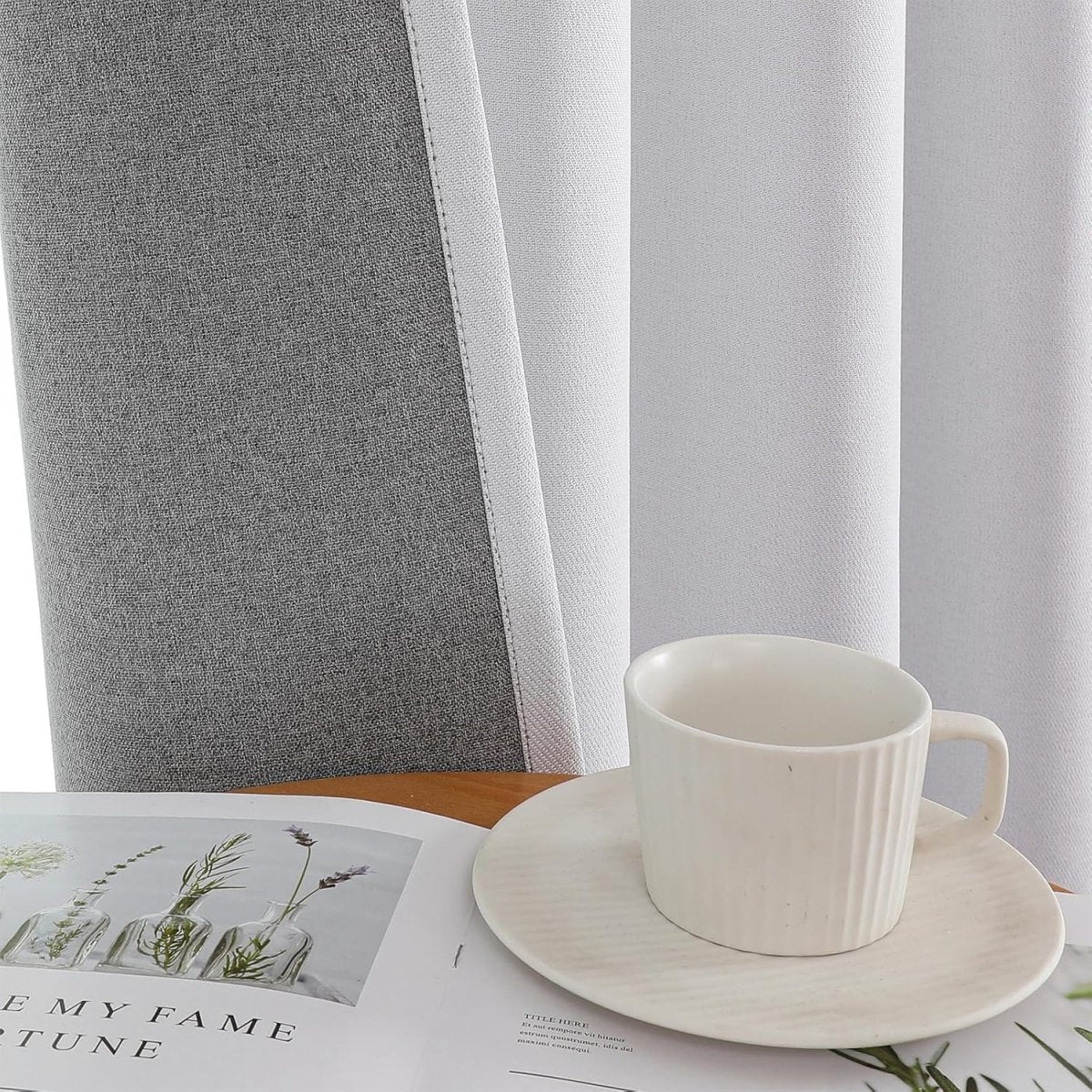 Joydeco light gray faux linen blackout curtain close-up, highlighting fabric texture and meticulous stitching.
