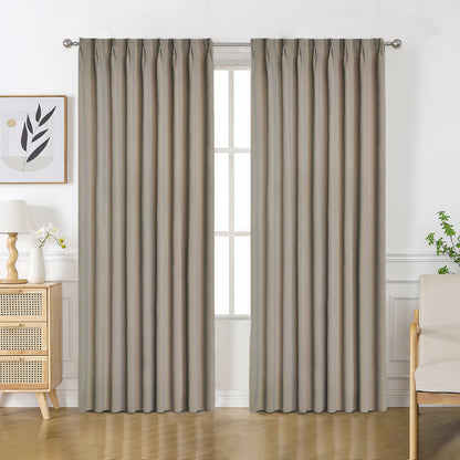 Taupe velourette chenille blackout grommet curtains with plush texture in a modern room setting.