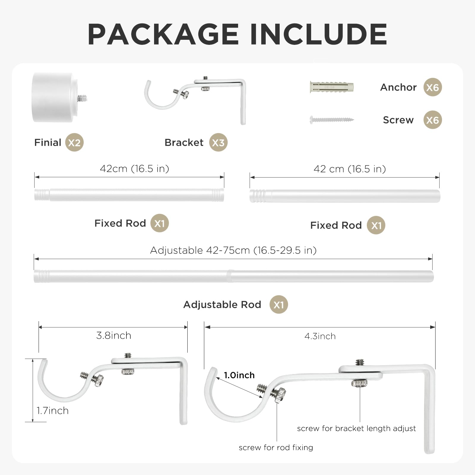 Joydeco heavy-duty brown adjustable curtain rod set components: finials, brackets, rods, anchors, screws. Includes dimensions.