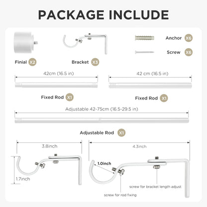 Joydeco heavy-duty brown adjustable curtain rod set components: finials, brackets, rods, anchors, screws. Includes dimensions.