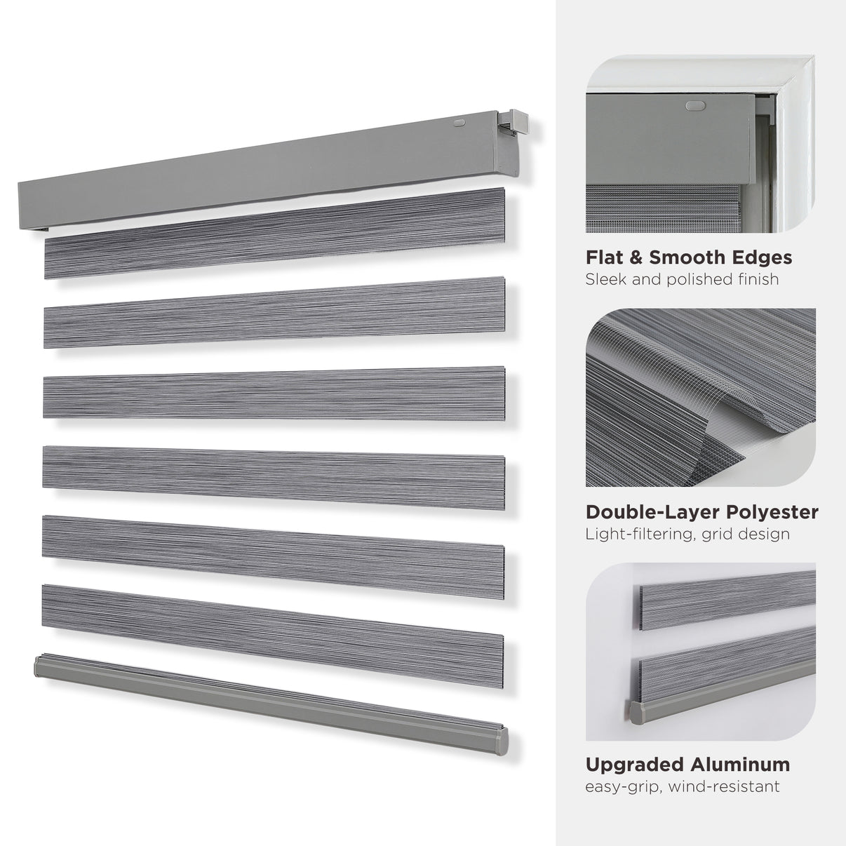 Grey cordless no-drill zebra blinds, dual-layer polyester fabric with stylish zebra stripe design, aluminum bar.