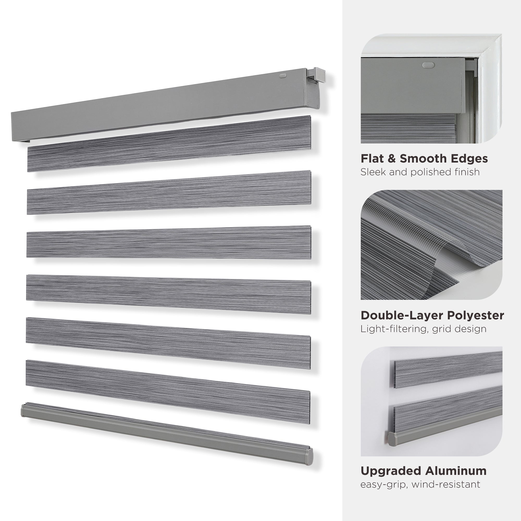 Grey cordless no-drill zebra blinds, dual-layer polyester fabric with stylish zebra stripe design, aluminum bar.